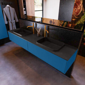 MONDIAZ ERIN 200cm badmeubel onderkast kleur Jeans met 2 lades. Wastafel RIDGE dubbel 2 kraangaten kleur Urban.