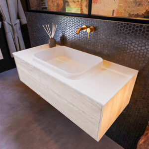 MONDIAZ ERIN 100cm badmeubel onderkast kleur Light_brown_grey met 1 lade. Wastafel RIDGE midden 0 kraangaten kleur Talc.