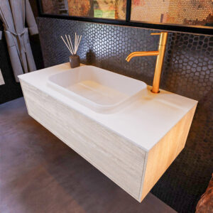 MONDIAZ ERIN 100cm badmeubel onderkast kleur Light_brown_grey met 1 lade. Wastafel RIDGE midden 1 kraangat kleur Talc.