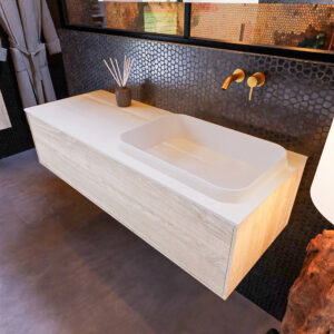 MONDIAZ ERIN 120cm badmeubel onderkast kleur Light_brown_grey met 1 lade. Wastafel RIDGE rechts 0 kraangaten kleur Talc.