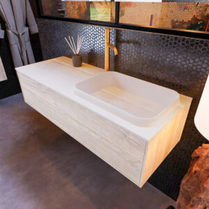 MONDIAZ ERIN 120cm badmeubel onderkast kleur Light_brown_grey met 1 lade. Wastafel RIDGE rechts 1 kraangat kleur Talc.