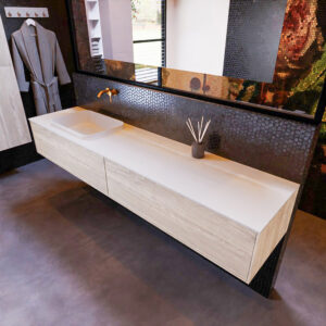 MONDIAZ ERIN 200cm badmeubel onderkast kleur Light_brown_grey met 2 lades. Wastafel RIDGE links 0 kraangaten kleur Talc.