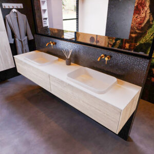 MONDIAZ ERIN 200cm badmeubel onderkast kleur Light_brown_grey met 2 lades. Wastafel RIDGE dubbel 0 kraangaten kleur Talc.