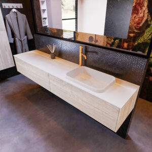 MONDIAZ ERIN 200cm badmeubel onderkast kleur Light_brown_grey met 2 lades. Wastafel RIDGE rechts 1 kraangat kleur Talc.