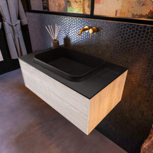 MONDIAZ ERIN 80cm badmeubel onderkast kleur Light_brown_grey met 1 lade. Wastafel RIDGE midden 0 kraangaten kleur Urban.