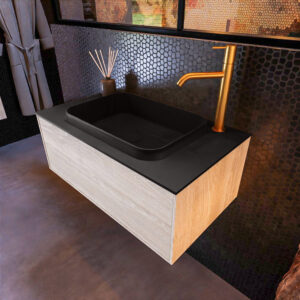 MONDIAZ ERIN 80cm badmeubel onderkast kleur Light_brown_grey met 1 lade. Wastafel RIDGE midden 1 kraangat kleur Urban.