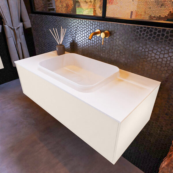 MONDIAZ ERIN 100cm badmeubel onderkast kleur Linen met 1 lade. Wastafel RIDGE midden 0 kraangaten kleur Talc.