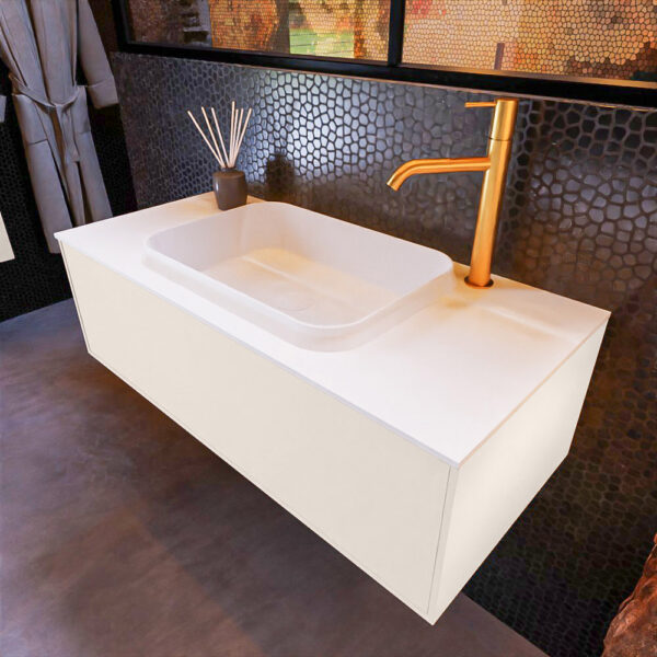 MONDIAZ ERIN 100cm badmeubel onderkast kleur Linen met 1 lade. Wastafel RIDGE midden 1 kraangat kleur Talc.