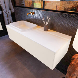MONDIAZ ERIN 120cm badmeubel onderkast kleur Linen met 1 lade. Wastafel RIDGE links 0 kraangaten kleur Talc.