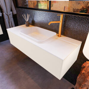 MONDIAZ ERIN 120cm badmeubel onderkast kleur Linen met 1 lade. Wastafel RIDGE midden 1 kraangat kleur Talc.