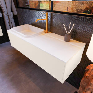 MONDIAZ ERIN 120cm badmeubel onderkast kleur Linen met 1 lade. Wastafel RIDGE links 1 kraangat kleur Talc.