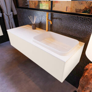MONDIAZ ERIN 120cm badmeubel onderkast kleur Linen met 1 lade. Wastafel RIDGE rechts 1 kraangat kleur Talc.
