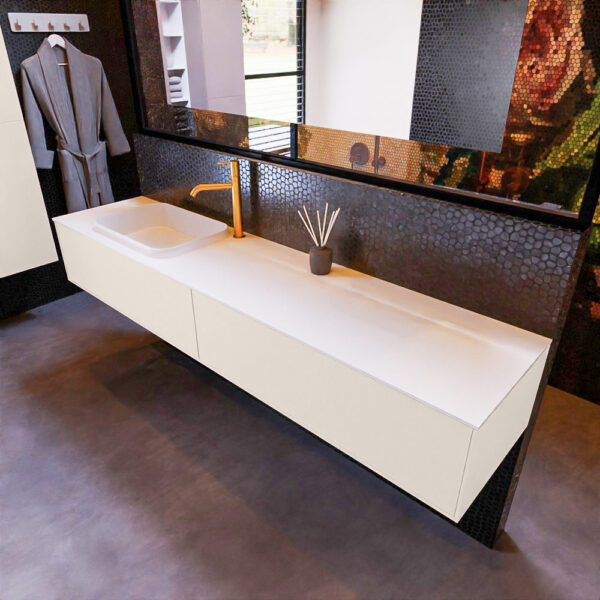 MONDIAZ ERIN 200cm badmeubel onderkast kleur Linen met 2 lades. Wastafel RIDGE links 1 kraangat kleur Talc.