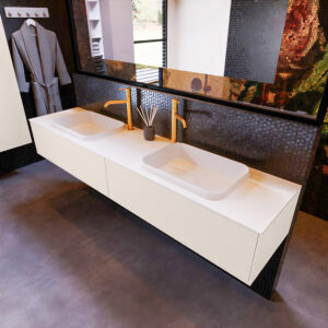MONDIAZ ERIN 200cm badmeubel onderkast kleur Linen met 2 lades. Wastafel RIDGE dubbel 2 kraangaten kleur Talc.