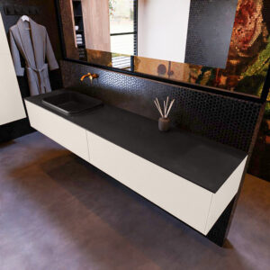 MONDIAZ ERIN 200cm badmeubel onderkast kleur Linen met 2 lades. Wastafel RIDGE links 0 kraangaten kleur Urban.