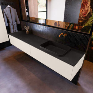 MONDIAZ ERIN 200cm badmeubel onderkast kleur Linen met 2 lades. Wastafel RIDGE rechts 0 kraangaten kleur Urban.