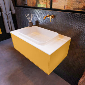 MONDIAZ ERIN 80cm badmeubel onderkast kleur Ocher met 1 lade. Wastafel RIDGE midden 0 kraangaten kleur Talc.
