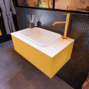 MONDIAZ ERIN 80cm badmeubel onderkast kleur Ocher met 1 lade. Wastafel RIDGE midden 1 kraangat kleur Talc.