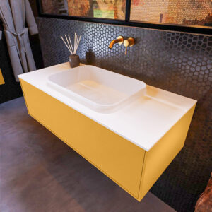 MONDIAZ ERIN 100cm badmeubel onderkast kleur Ocher met 1 lade. Wastafel RIDGE midden 0 kraangaten kleur Talc.
