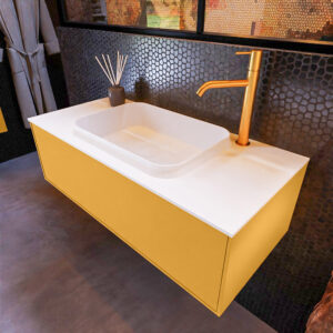 MONDIAZ ERIN 100cm badmeubel onderkast kleur Ocher met 1 lade. Wastafel RIDGE midden 1 kraangat kleur Talc.