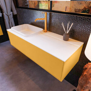 MONDIAZ ERIN 120cm badmeubel onderkast kleur Ocher met 1 lade. Wastafel RIDGE links 1 kraangat kleur Talc.