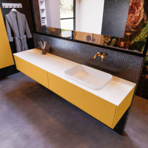 MONDIAZ ERIN 200cm badmeubel onderkast kleur Ocher met 2 lades. Wastafel RIDGE rechts 0 kraangaten kleur Talc.
