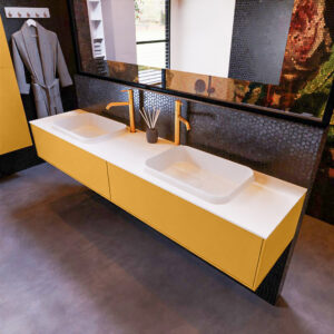 MONDIAZ ERIN 200cm badmeubel onderkast kleur Ocher met 2 lades. Wastafel RIDGE dubbel 2 kraangaten kleur Talc.