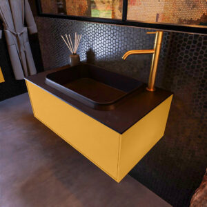 MONDIAZ ERIN 80cm badmeubel onderkast kleur Ocher met 1 lade. Wastafel RIDGE midden 1 kraangat kleur Urban.