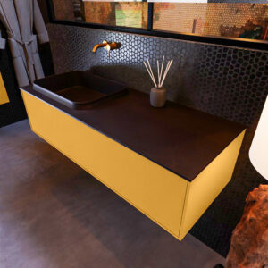 MONDIAZ ERIN 120cm badmeubel onderkast kleur Ocher met 1 lade. Wastafel RIDGE links 0 kraangaten kleur Urban.