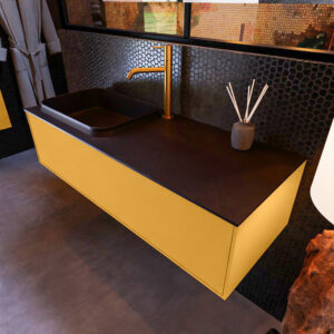 MONDIAZ ERIN 120cm badmeubel onderkast kleur Ocher met 1 lade. Wastafel RIDGE links 1 kraangat kleur Urban.