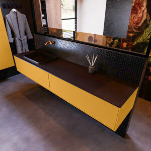 MONDIAZ ERIN 200cm badmeubel onderkast kleur Ocher met 2 lades. Wastafel RIDGE links 0 kraangaten kleur Urban.