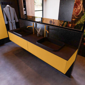 MONDIAZ ERIN 200cm badmeubel onderkast kleur Ocher met 2 lades. Wastafel RIDGE dubbel 2 kraangaten kleur Urban.
