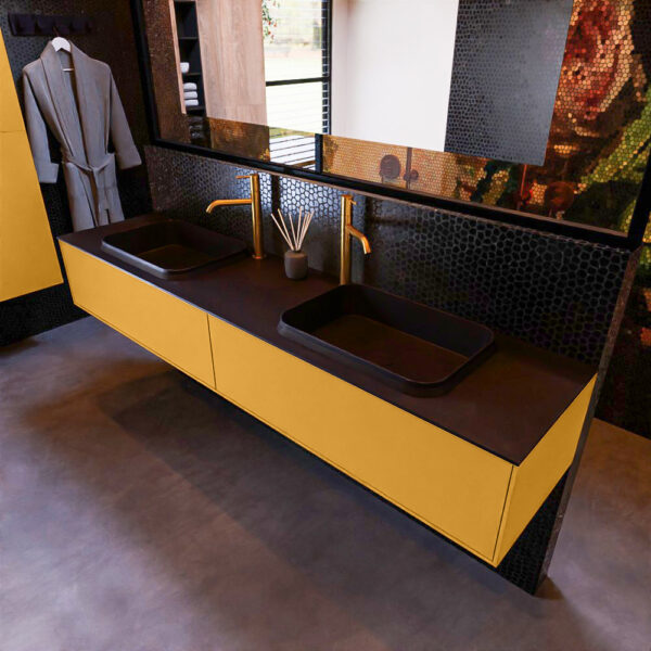 MONDIAZ ERIN 200cm badmeubel onderkast kleur Ocher met 2 lades. Wastafel RIDGE dubbel 2 kraangaten kleur Urban.