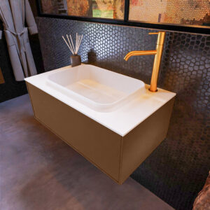 MONDIAZ ERIN 80cm badmeubel onderkast kleur Rust met 1 lade. Wastafel RIDGE midden 1 kraangat kleur Talc.