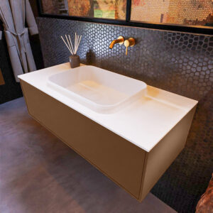 MONDIAZ ERIN 100cm badmeubel onderkast kleur Rust met 1 lade. Wastafel RIDGE midden 0 kraangaten kleur Talc.