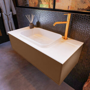 MONDIAZ ERIN 100cm badmeubel onderkast kleur Rust met 1 lade. Wastafel RIDGE midden 1 kraangat kleur Talc.