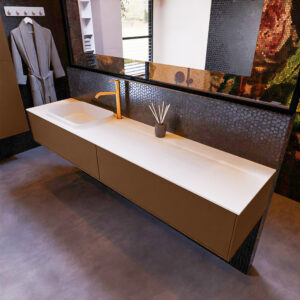 MONDIAZ ERIN 200cm badmeubel onderkast kleur Rust met 2 lades. Wastafel RIDGE links 1 kraangat kleur Talc.