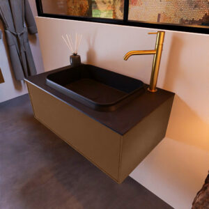 MONDIAZ ERIN 80cm badmeubel onderkast kleur Rust met 1 lade. Wastafel RIDGE midden 1 kraangat kleur Urban.