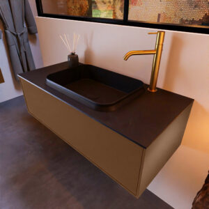 MONDIAZ ERIN 100cm badmeubel onderkast kleur Rust met 1 lade. Wastafel RIDGE midden 1 kraangat kleur Urban.