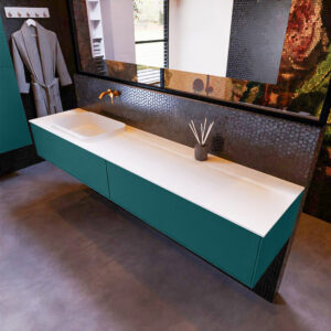 MONDIAZ ERIN 200cm badmeubel onderkast kleur Smag met 2 lades. Wastafel RIDGE links 0 kraangaten kleur Talc.