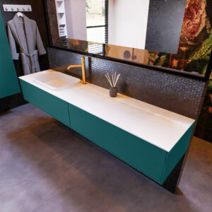 MONDIAZ ERIN 200cm badmeubel onderkast kleur Smag met 2 lades. Wastafel RIDGE links 1 kraangat kleur Talc.