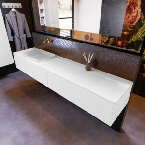 MONDIAZ ERIN 200cm badmeubel onderkast kleur Talc met 2 lades. Wastafel RIDGE links 0 kraangaten kleur Talc.