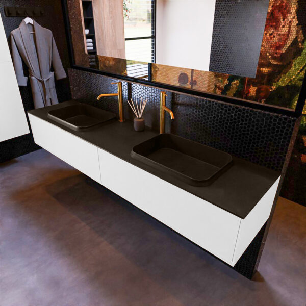 MONDIAZ ERIN 200cm badmeubel onderkast kleur Talc met 2 lades. Wastafel RIDGE dubbel 2 kraangaten kleur Urban.