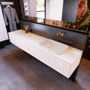 MONDIAZ ERIN 200cm badmeubel onderkast kleur Underlayment met 2 lades. Wastafel RIDGE rechts 0 kraangaten kleur Talc.
