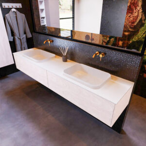 MONDIAZ ERIN 200cm badmeubel onderkast kleur Underlayment met 2 lades. Wastafel RIDGE dubbel 0 kraangaten kleur Talc.
