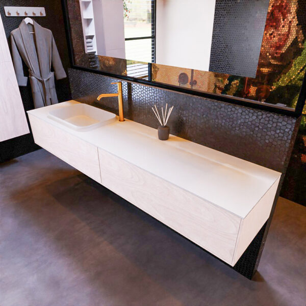 MONDIAZ ERIN 200cm badmeubel onderkast kleur Underlayment met 2 lades. Wastafel RIDGE links 1 kraangat kleur Talc.