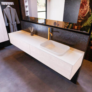 MONDIAZ ERIN 200cm badmeubel onderkast kleur Underlayment met 2 lades. Wastafel RIDGE rechts 1 kraangat kleur Talc.