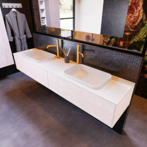 MONDIAZ ERIN 200cm badmeubel onderkast kleur Underlayment met 2 lades. Wastafel RIDGE dubbel 2 kraangaten kleur Talc.