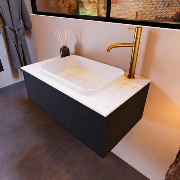MONDIAZ ERIN 80cm badmeubel onderkast kleur Urban met 1 lade. Wastafel RIDGE midden 1 kraangat kleur Talc.