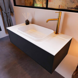 MONDIAZ ERIN 100cm badmeubel onderkast kleur Urban met 1 lade. Wastafel RIDGE midden 1 kraangat kleur Talc.